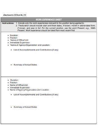 blank work experience sheet.